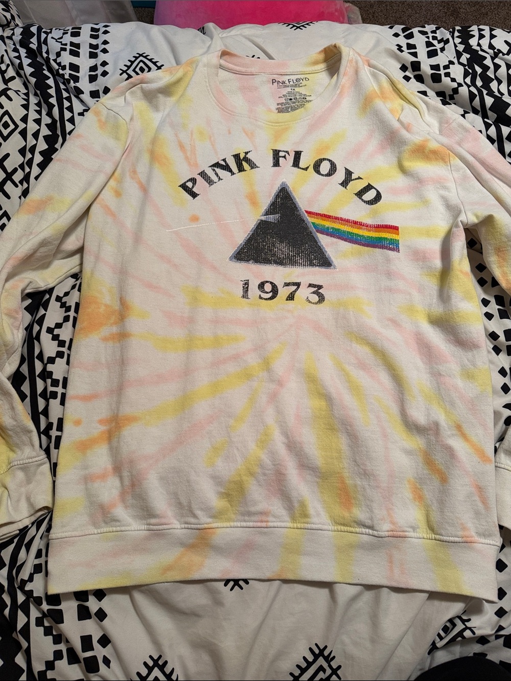 Pink Floyd White Tie-Dye Crewneck Sweatshirt with Rainbow Prism